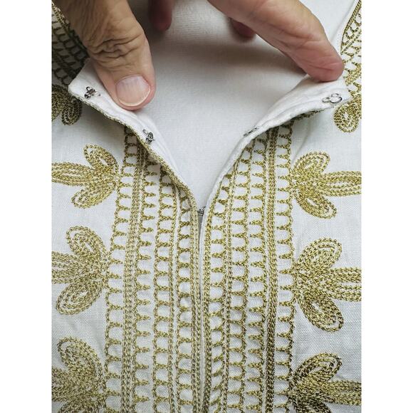 Chelsea & Theodore Size Large Tunic 100% Linen White & Gold Embroidered Casual - Picture 3 of 12
